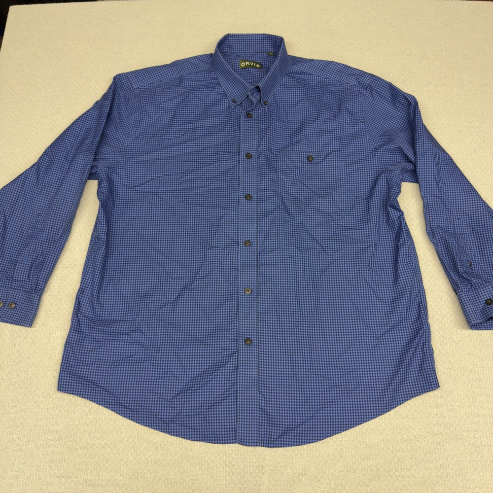Orvis Shirt Mens XXL Blue Black Gingham Plaid Wrinkle Free Button Down Casual